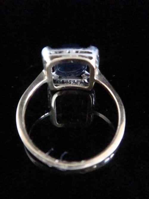 FRENCH ART DECO PLATINUM 18CT CABOCHON SAPPHIRE AND OLD CUT DIAMOND SQUARE RING - ADDITIONAL PHOTO 1