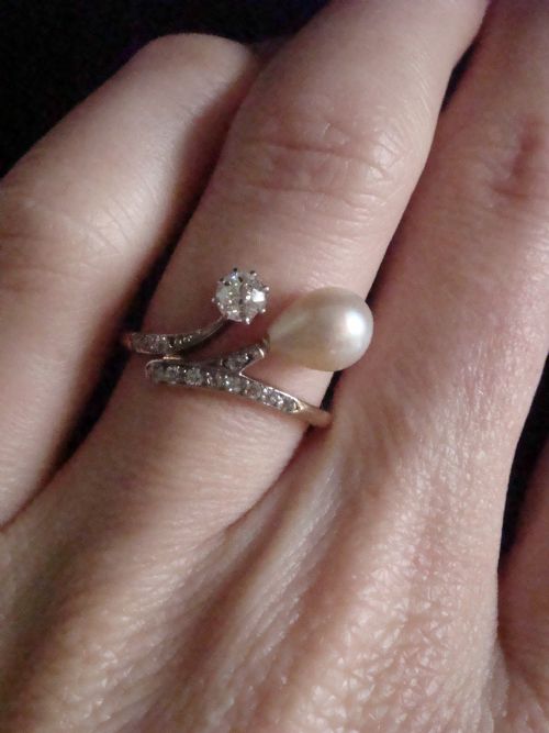 EDWARDIAN FRENCH 18CT YELLOW GOLD PEARL POSS NATURAL AND DIAMOND RING - ADDITIONAL PHOTO 4