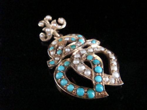 victorian 15ct yellow gold natural turquoise seed pearl double heart pendant - CATEGORY: ANTIQUE JEWELLERY - DATED VICTORIAN