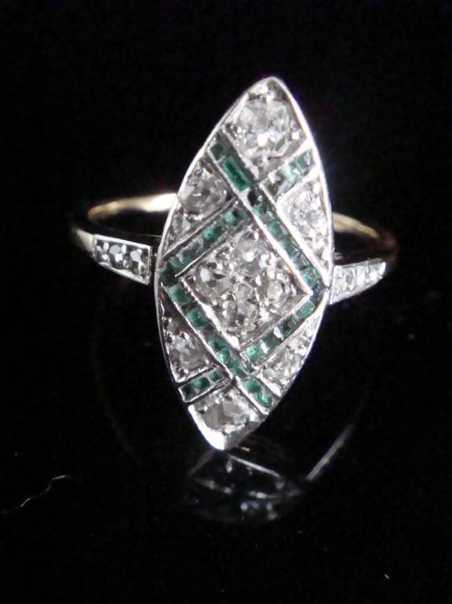 edwardian french 18ct yellow gold diamond emerald navette marquis ring - CATEGORY: ANTIQUE JEWELLERY - DATED 1920