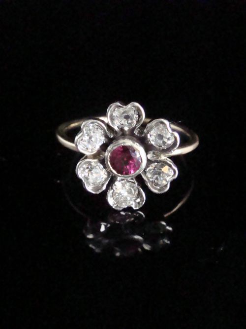 edwardian 18ct yellow gold ruby old cut diamond flower cluster ring - CATEGORY: ANTIQUE JEWELLERY - DATED EDWARDIAN