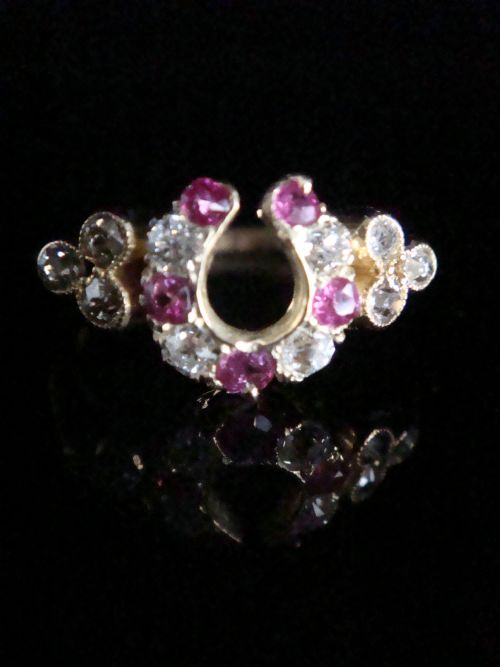 edwardian 18k 18ct yellow gold ruby diamond horseshoe ring - CATEGORY: ANTIQUE JEWELLERY - DATED EDWARDIAN