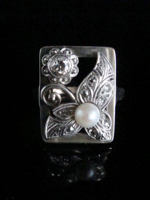 art nouveau 14ct white rose gold pearl ornate rose cut diamond ring - CATEGORY: ANTIQUE JEWELLERY - DATED 1900