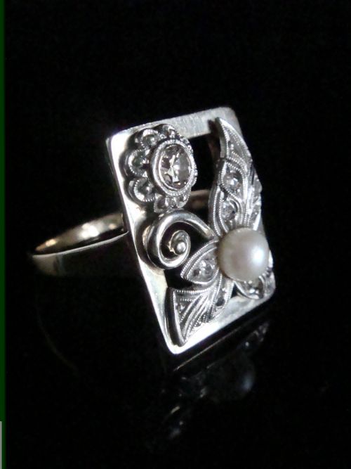 ART NOUVEAU 14CT WHITE ROSE GOLD PEARL ORNATE ROSE CUT DIAMOND RING - ADDITIONAL PHOTO 1