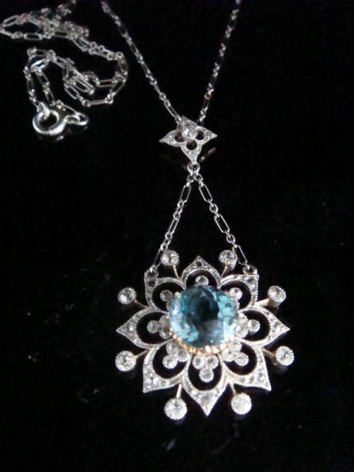 EDWARDIAN PLATINUM DIAMOND NATURAL BLUE ZIRCON DIAMOND NECKLACE PLATINUM CHAIN - ADDITIONAL PHOTO 1