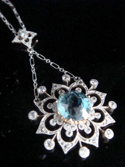 edwardian platinum diamond natural blue zircon diamond necklace platinum chain - CATEGORY: ANTIQUE JEWELLERY - DATED EDWARDIAN