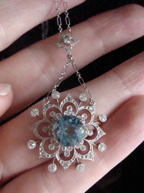 EDWARDIAN PLATINUM DIAMOND NATURAL BLUE ZIRCON DIAMOND NECKLACE PLATINUM CHAIN - ADDITIONAL PHOTO 3
