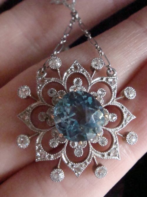 EDWARDIAN PLATINUM DIAMOND NATURAL BLUE ZIRCON DIAMOND NECKLACE PLATINUM CHAIN - ADDITIONAL PHOTO 4