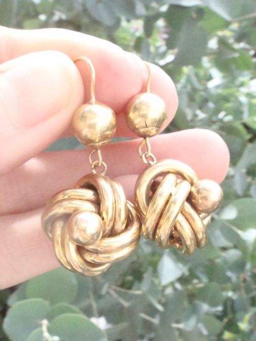 ORIGINAL EXTRA LARGE VICTORIAN 9CT YELLOW GOLD DROP KNOT EARRINGS HOLLOW 51G - ADDITIONAL PHOTO 2