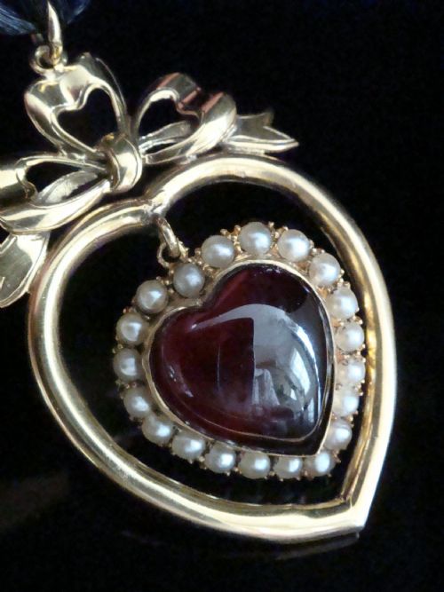 EDWARDIAN 15CT HIGH CARAT GARNET SEED PEARL HEART BOW PENDANT 56G - ADDITIONAL PHOTO 3
