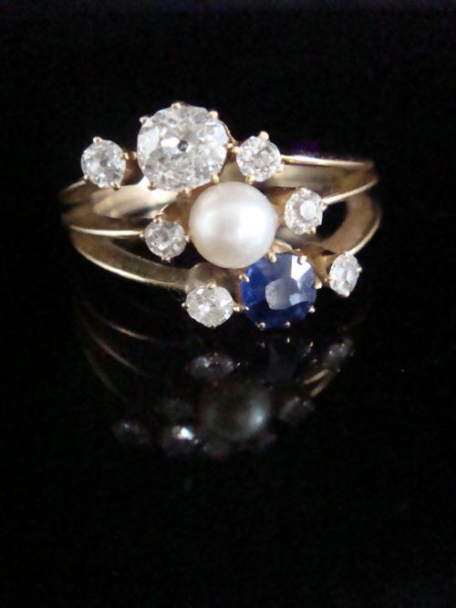edwardian french 18ct yellow gold natural sapphire diamond natural pearl ring - CATEGORY: ANTIQUE JEWELLERY - DATED EDWARDIAN