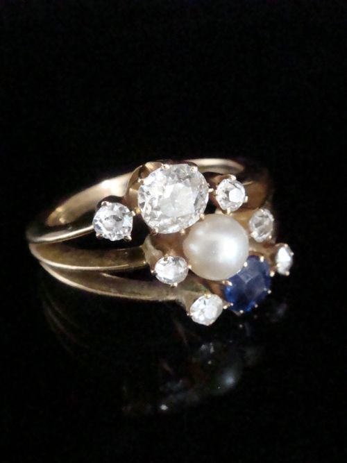 EDWARDIAN FRENCH 18CT YELLOW GOLD NATURAL SAPPHIRE DIAMOND NATURAL PEARL RING - ADDITIONAL PHOTO 1
