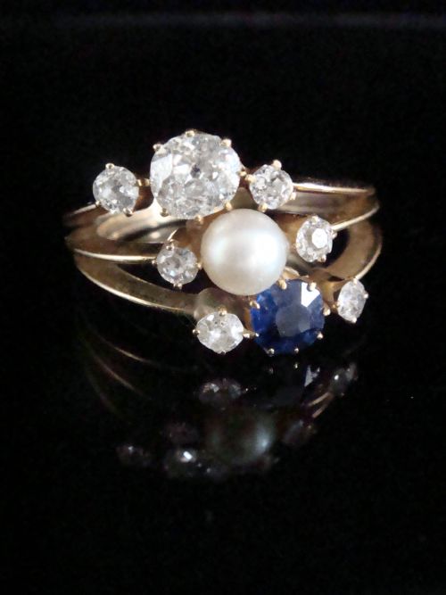 EDWARDIAN FRENCH 18CT YELLOW GOLD NATURAL SAPPHIRE DIAMOND NATURAL PEARL RING - ADDITIONAL PHOTO 2