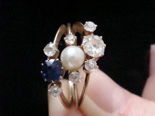 EDWARDIAN FRENCH 18CT YELLOW GOLD NATURAL SAPPHIRE DIAMOND NATURAL PEARL RING - ADDITIONAL PHOTO 4