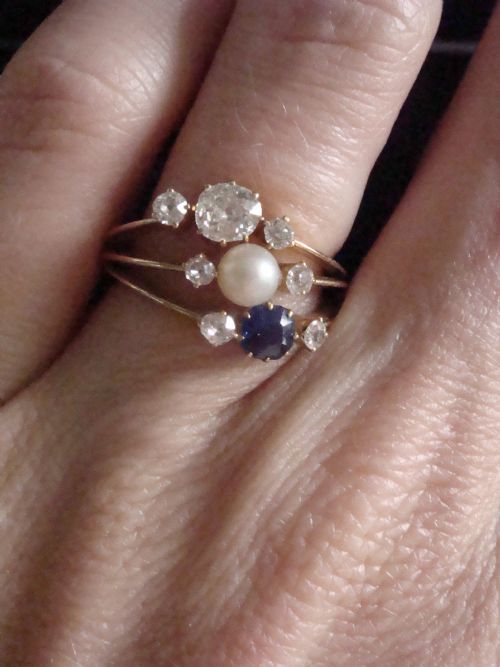 EDWARDIAN FRENCH 18CT YELLOW GOLD NATURAL SAPPHIRE DIAMOND NATURAL PEARL RING - ADDITIONAL PHOTO 5