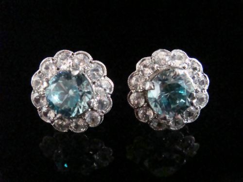 edwardian 18ct white gold natural blue zircon white zircon cluster earrings - CATEGORY: ANTIQUE JEWELLERY - DATED EDWARDIAN
