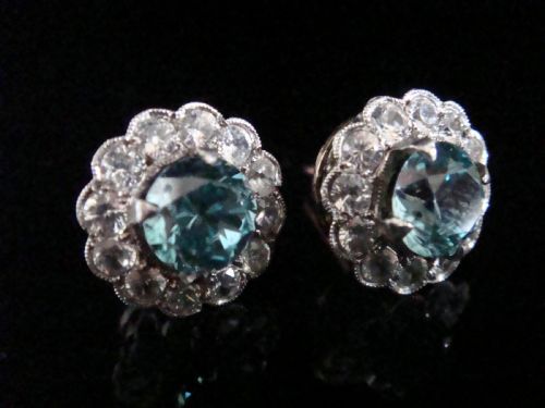 EDWARDIAN 18CT WHITE GOLD NATURAL BLUE ZIRCON WHITE ZIRCON CLUSTER EARRINGS - ADDITIONAL PHOTO 1