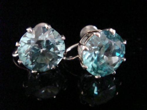 EDWARDIAN 9CT WHITE GOLD NATURAL BLUE ZIRCON SOLITAIRE SCREW EARRINGS - ADDITIONAL PHOTO 1