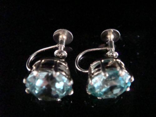 EDWARDIAN 9CT WHITE GOLD NATURAL BLUE ZIRCON SOLITAIRE SCREW EARRINGS - ADDITIONAL PHOTO 3
