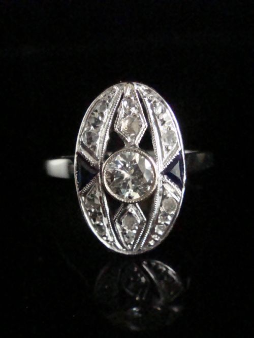 antique art deco 1920s 18k 18ct sapphire and diamond pave set ring - CATEGORY: ANTIQUE JEWELLERY - DATED EDWARDIAN