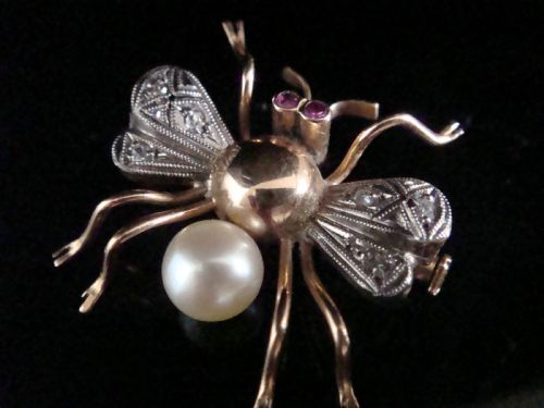 edwardian 18ct rose cut diamond ruby pearl bee brooch - CATEGORY: ANTIQUE JEWELLERY - DATED EDWARDIAN