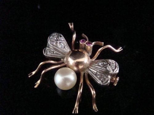 EDWARDIAN 18CT ROSE CUT DIAMOND RUBY PEARL BEE BROOCH - ADDITIONAL PHOTO 1