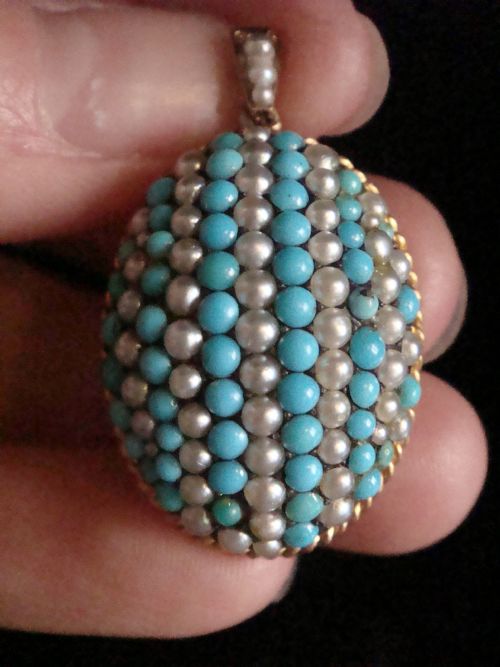 HIGH QUALITY HEAVY VICTORIAN HIGH CARAT 15CT ROSE GOLD TURQUOISE PEARL PENDANT - ADDITIONAL PHOTO 2