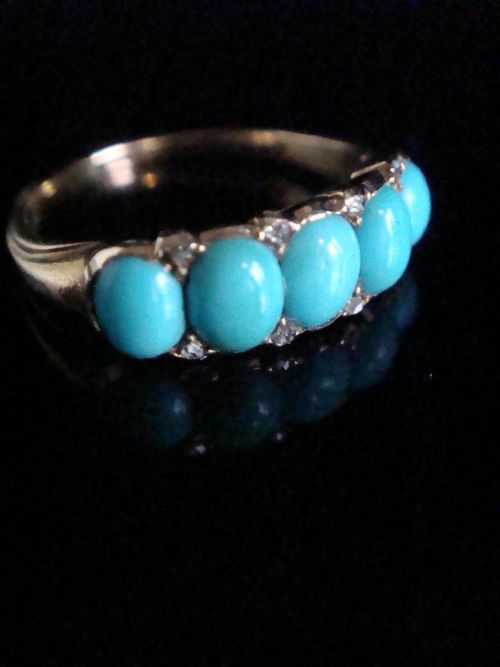 VICTORIAN 18CT YELLOW GOLD TURQUOISE AND DIAMOND 5 STONE RING WONDERFUL QUALITY - ADDITIONAL PHOTO 1