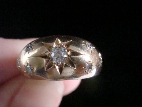 VICTORIAN 18CT 18K ORNATE YELLOW GOLD BAND OLD CUT DIAMOND STAR GYPSY BAND - ADDITIONAL PHOTO 3
