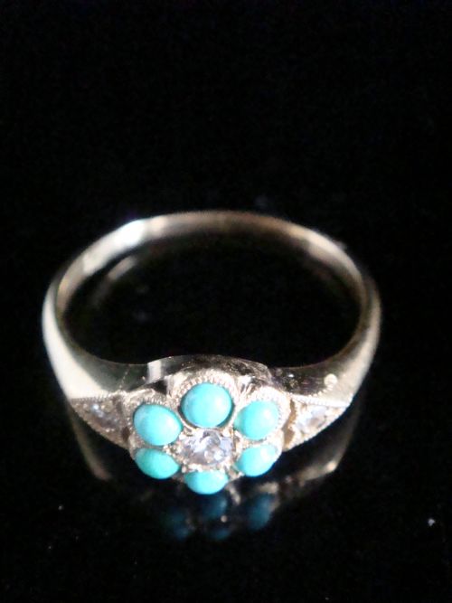 VICTORIAN 18CT 18K YELLOW GOLD TURQUOISE AND DIAMOND CLUSTER FINE QUALITY - ADDITIONAL PHOTO 2