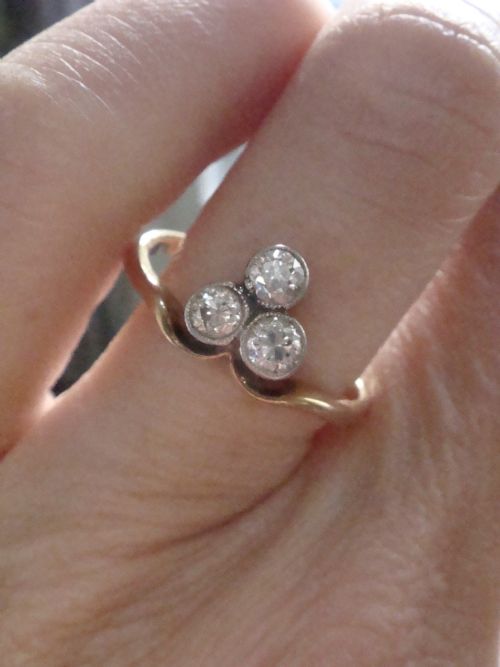 EDWARDIAN 18CT 18K YELLOW GOLD PLATINUM OLD CUT DIAMOND 3 STONE LUCKY CLOVER - ADDITIONAL PHOTO 1