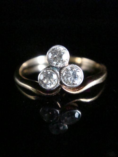 EDWARDIAN 18CT 18K YELLOW GOLD PLATINUM OLD CUT DIAMOND 3 STONE LUCKY CLOVER - ADDITIONAL PHOTO 2