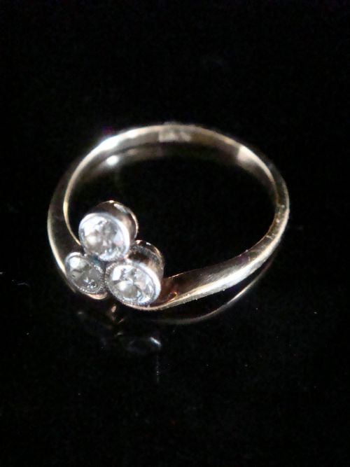 EDWARDIAN 18CT 18K YELLOW GOLD PLATINUM OLD CUT DIAMOND 3 STONE LUCKY CLOVER - ADDITIONAL PHOTO 3