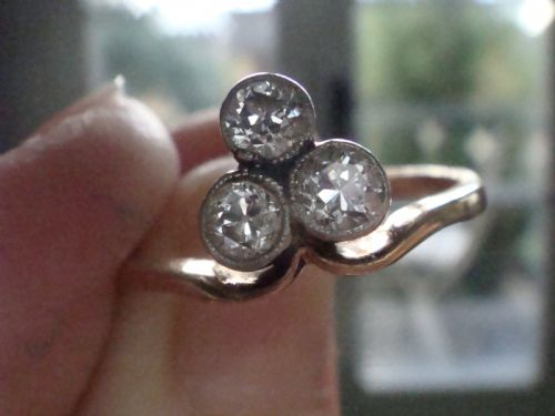 EDWARDIAN 18CT 18K YELLOW GOLD PLATINUM OLD CUT DIAMOND 3 STONE LUCKY CLOVER - ADDITIONAL PHOTO 4