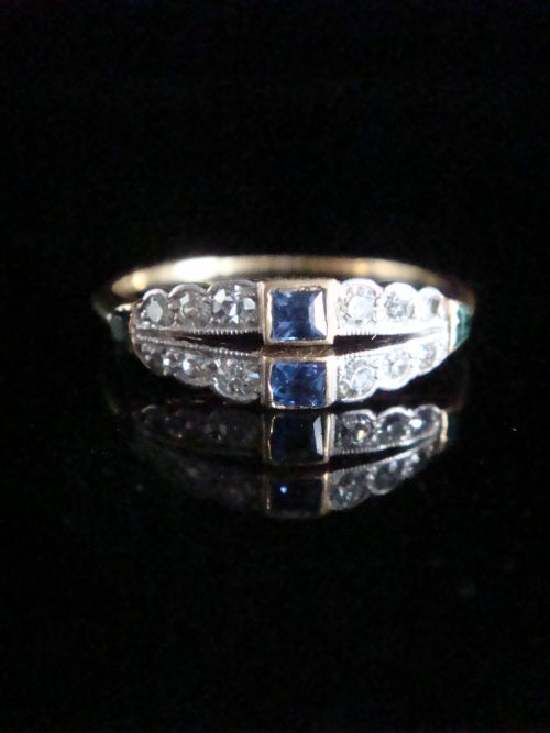 EDWARDIAN 18CT 18K YELLOW GOLD PLATINUM SAPPHIRE EMERALD AND DIAMOND DOUBLE BAND - ADDITIONAL PHOTO 1