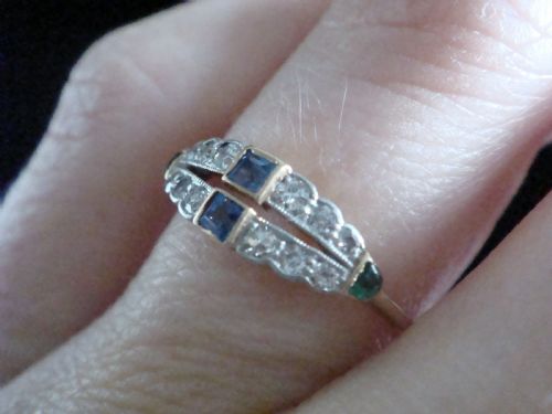 EDWARDIAN 18CT 18K YELLOW GOLD PLATINUM SAPPHIRE EMERALD AND DIAMOND DOUBLE BAND - ADDITIONAL PHOTO 2