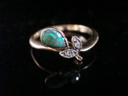 edwardian 18ct 18k yellow gold platinum black opal and diamond flower ring - CATEGORY: ANTIQUE JEWELLERY - DATED EDWARDIAN