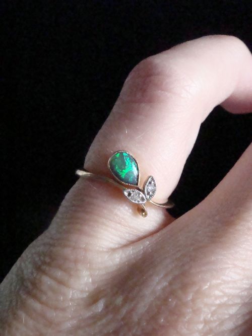 EDWARDIAN 18CT 18K YELLOW GOLD PLATINUM BLACK OPAL AND DIAMOND FLOWER RING - ADDITIONAL PHOTO 2