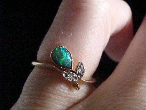 EDWARDIAN 18CT 18K YELLOW GOLD PLATINUM BLACK OPAL AND DIAMOND FLOWER RING - ADDITIONAL PHOTO 3