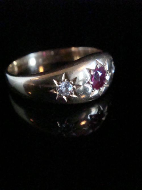 VICTORIAN 18CT YELLOW GOLD RUBY DIAMOND STAR OLD CUT DIAMOND GYPSY BAND - ADDITIONAL PHOTO 1