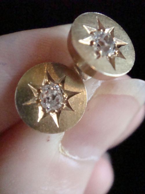 VICTORIAN 18CT YELLOW GOLD OLD CUT DIAMOND STAR CUT EARRINGS STUDS - ADDITIONAL PHOTO 1