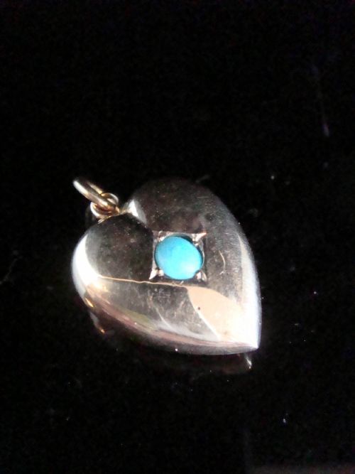 EDWARDIAN 9CT TURQUOISE HEART PUFF PENDANT 22G - ADDITIONAL PHOTO 1