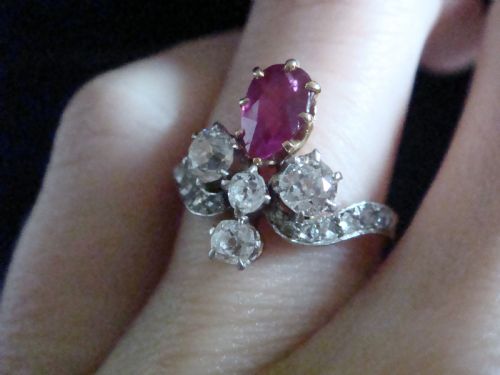 FRENCH EDWARDIAN 18CT YELLOW GOLD NATURAL RUBY OLD CUT DIAMOND TIARA RING - ADDITIONAL PHOTO 5
