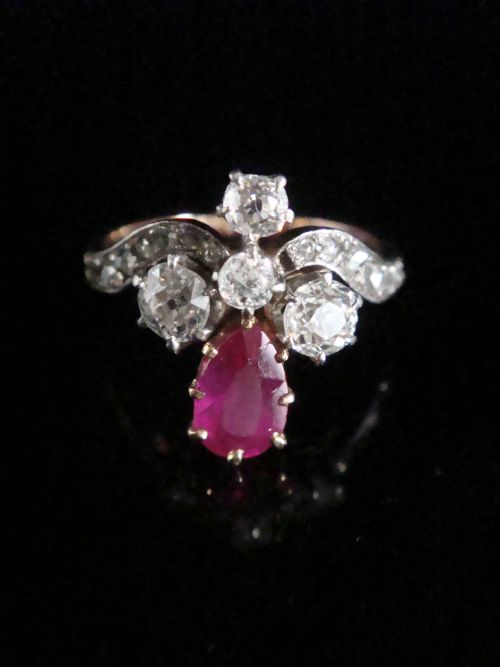 FRENCH EDWARDIAN 18CT YELLOW GOLD NATURAL RUBY OLD CUT DIAMOND TIARA RING - ADDITIONAL PHOTO 3