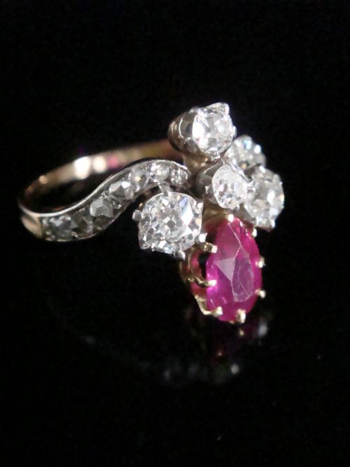 FRENCH EDWARDIAN 18CT YELLOW GOLD NATURAL RUBY OLD CUT DIAMOND TIARA RING - ADDITIONAL PHOTO 4
