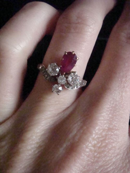 FRENCH EDWARDIAN 18CT YELLOW GOLD NATURAL RUBY OLD CUT DIAMOND TIARA RING - ADDITIONAL PHOTO 2