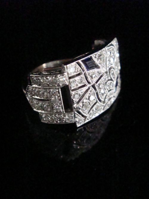 ART DECO 1920S 18CT 18K PLATINUM NATURAL SAPPHIRE DIAMOND COMMISSIONED PAVE RING - ADDITIONAL PHOTO 2