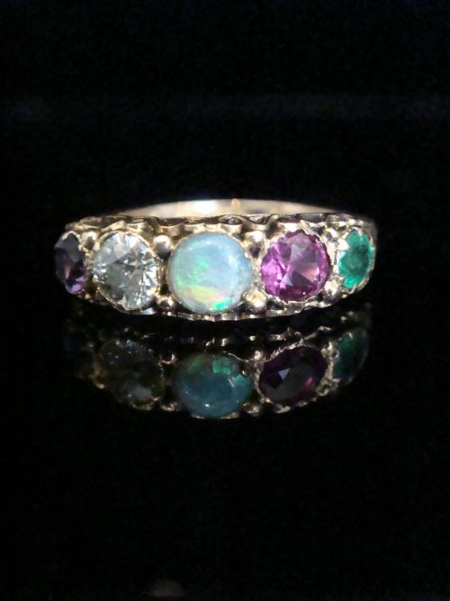 victorian 15ct yellow gold adore amethyst diamond opal ruby emerald 5 stone ring - CATEGORY: ANTIQUE JEWELLERY - DATED VICTORIAN