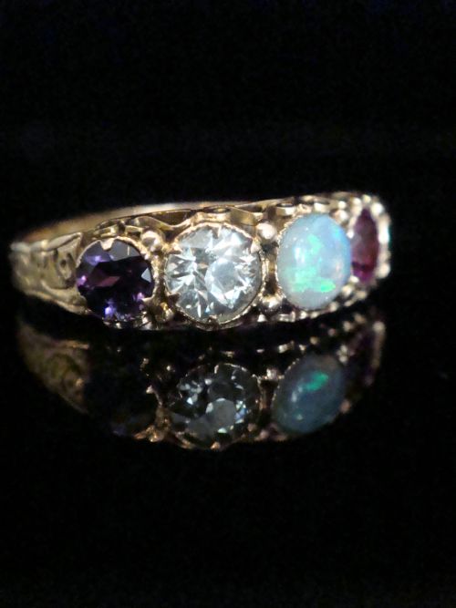 VICTORIAN 15CT YELLOW GOLD ADORE AMETHYST DIAMOND OPAL RUBY EMERALD 5 STONE RING - ADDITIONAL PHOTO 1