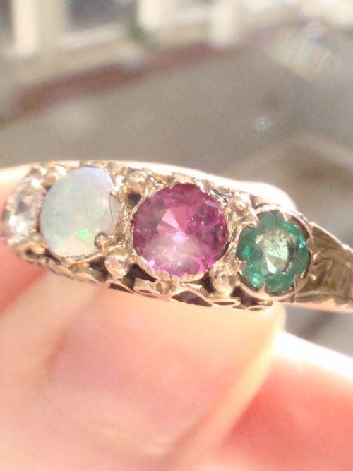 VICTORIAN 15CT YELLOW GOLD ADORE AMETHYST DIAMOND OPAL RUBY EMERALD 5 STONE RING - ADDITIONAL PHOTO 7